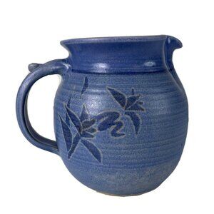 Artist Signed Blue Floral Design Pottery Pitcher Jug, Home Decor